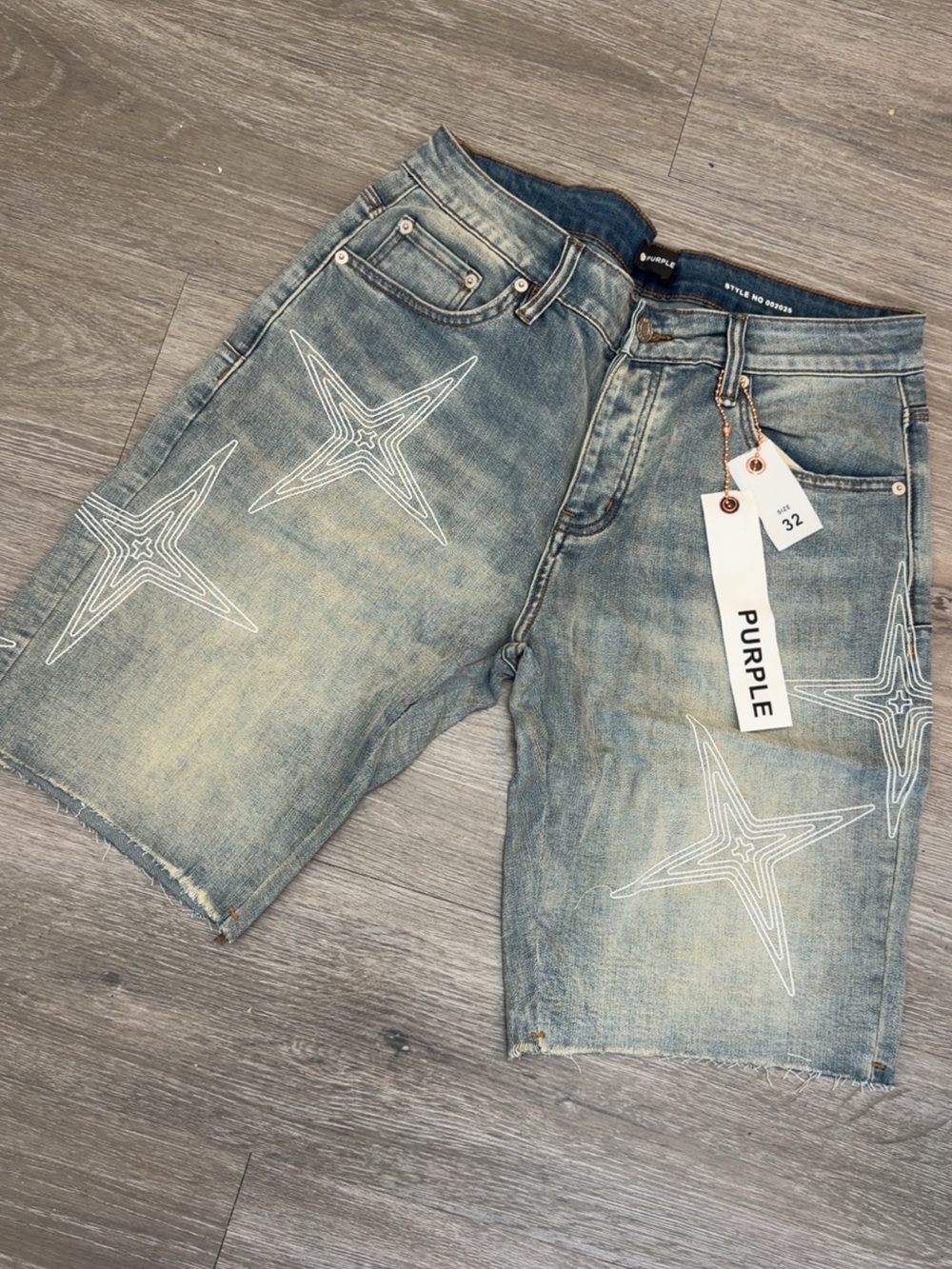 Brand Men’s Light Wash Denim Shorts with Star Embroidery - Blue Purple